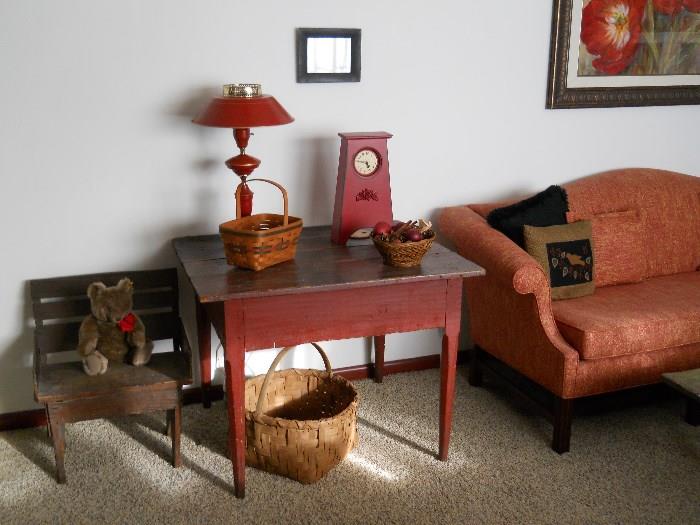 child's wooden chair, Steiff bear, Americana work table, vintage basket & Longaberger basket, clock, lamp, etc.