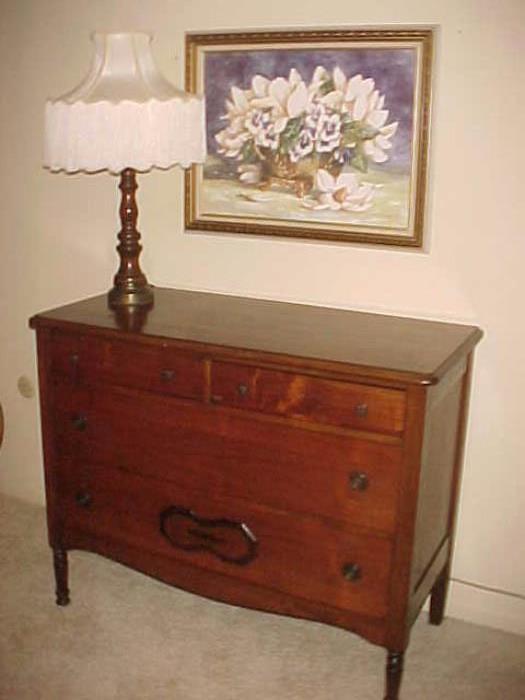 Antique Dresser, Lamp & Picture