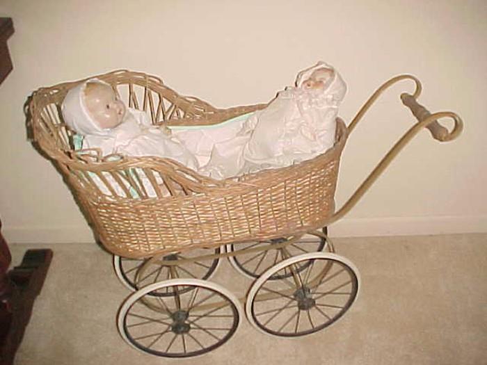 Wicker Baby Carriage & Antique Dolls