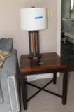 End table, one of a pair, with modern lamp, also one of a pair.