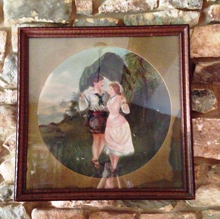 large antique French courting couple painting