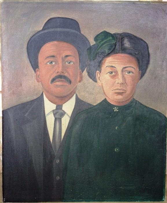 large antique portrait of black couple. oil on canvas 