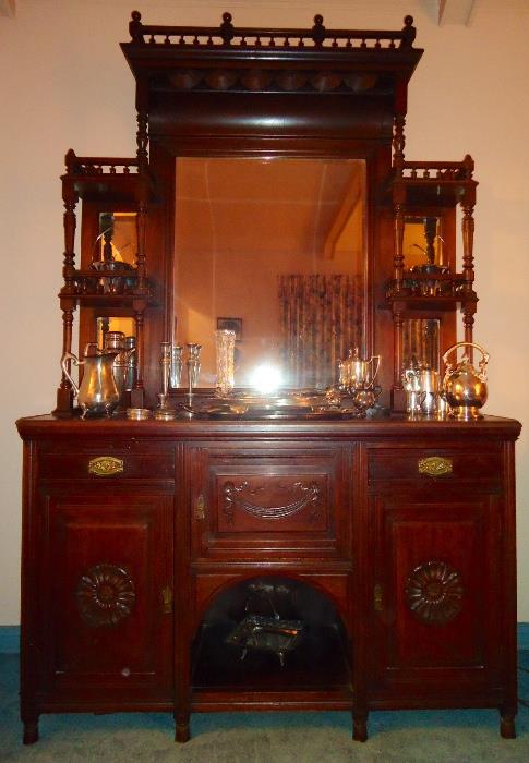 19th c mahogany sideboard, sterling, silver plate trays and hollowware