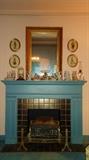 Antique mirror, porcelain, 19th c hand painted vases, antique gas fireplace heater