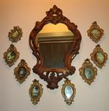 Hand carved mirror, old Venetian prints