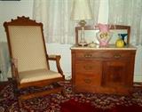 Eastlake platform rocker, 19th c marble top/marble backsplash washstand