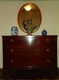 Mahogany chest of drawers, satsuma vase, antique mirror