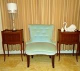 Mid century velvet slipper chair, tambour door mahogany occasional tables, vintage lamp