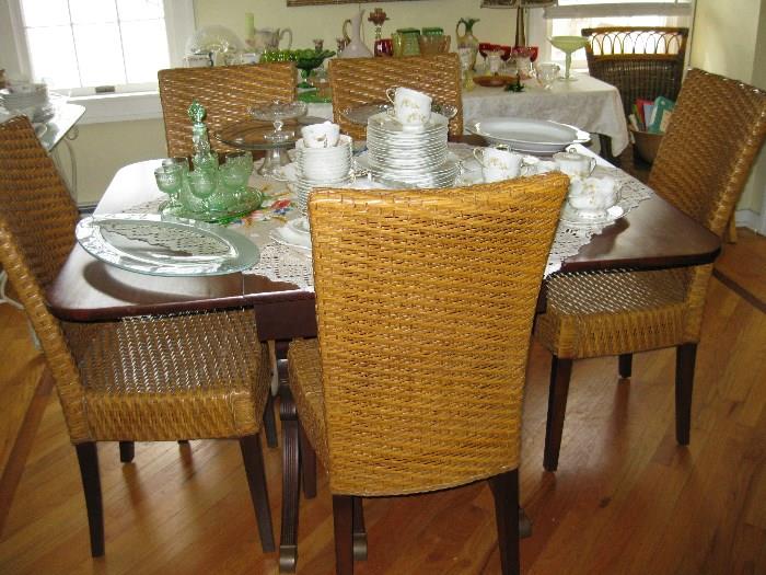 Duncan Phyffe table, 5 rattan chairs.