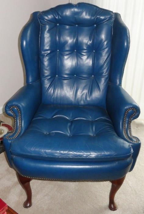 Winged Back Chair, Leather Chairs, Queen Anne Style Chairs, Blue Leather Chairs