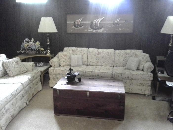 SOFA/LOVESEAT-WOOD CHEST- 50'S CORNER END TABLE AND END TABLE LAMPS. ***wall picture-family is keeping***