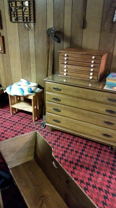 Wooden spool cabinet (SOLD), early American dresser, wooden doll cradle