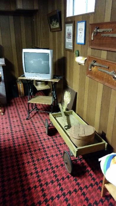 Wooden wagon (1900's) SOLD, Sewing machine treadle table w/TV on top, artwork is still available