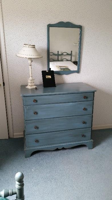 Painted blue dresser, mirror, metal lamp. Matching single beds, picture to follow.