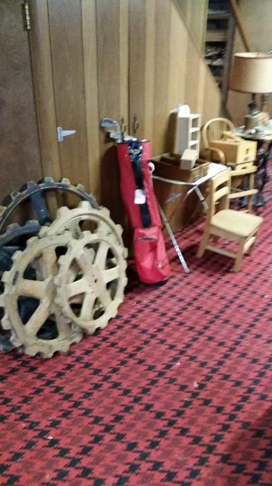 Wooden railroad gears SOLD, golf clubs, kids chair, & misc.