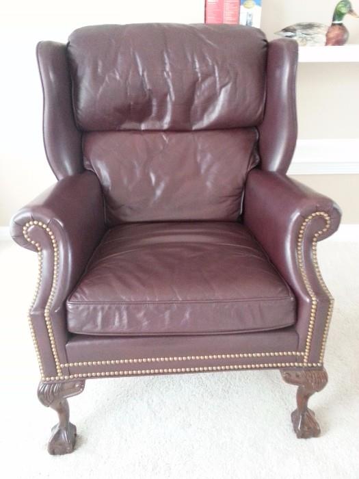 Hancock & Moore Leather Wing Chair.  Deep burgundy with front claw feet.  41" high x 32" wide x 34" deep.