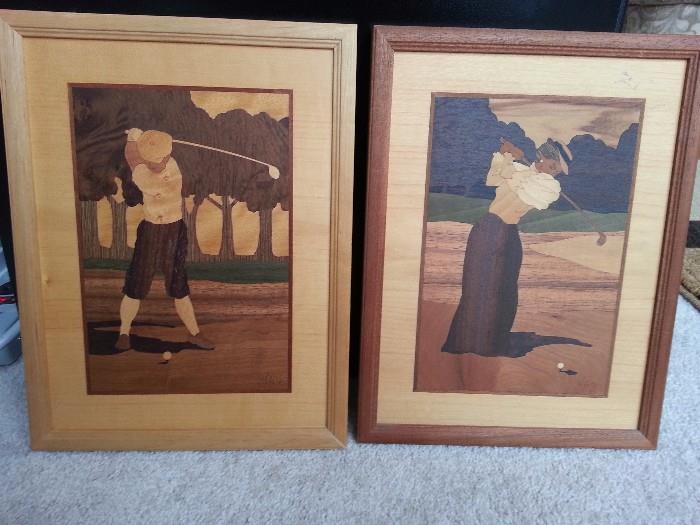 Hudson River Inlay set of old-time male and female golfers.  Each contains 17 different types of wood.  Size of each is 9.75" wide x 12.75" tall. Brand New
