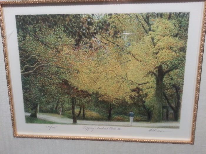 Harold Altman lithograph entitled "Jogging in Central Park II".  One of 285.  Signed by the artist and Certificate of Authenticity included.  Lithograph is 13.25" wide x 9.25" tall.  With included frame and matting total size is 28.25" x 25.25". 