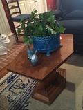              Small coffee table; blue planter 