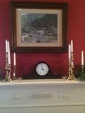              Mantel clock; brass candle holders
