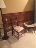 Floor lamp; king headboard to bed; antique chair and stool
