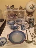              Assorted blue ware; 2-globe lamp