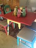 Colorfully painted table & 4 chairs; decorative globes