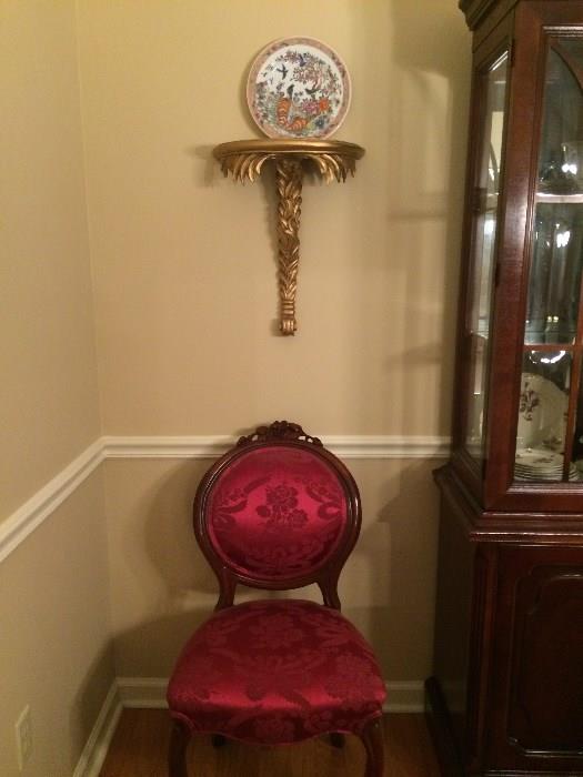 dining room chairs, china cabinet, wall shelf, plate