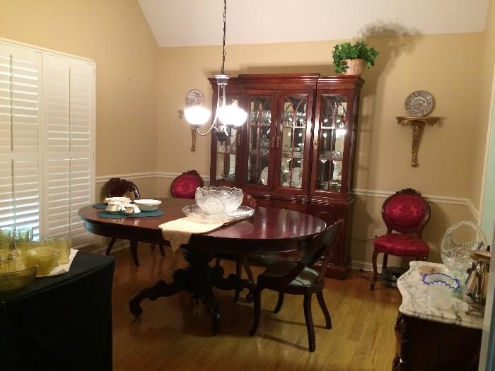 dining room table , dining chairs, china cabinet marble top chest with drawers , china , depression glassware