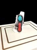 amazing antique coral turquoise Sterling silver ring