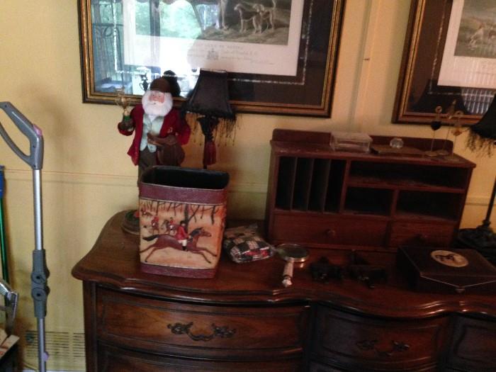 Equestrian waste basket,lamps,shelf,buffet Santa and more...so much to see at our sale!
