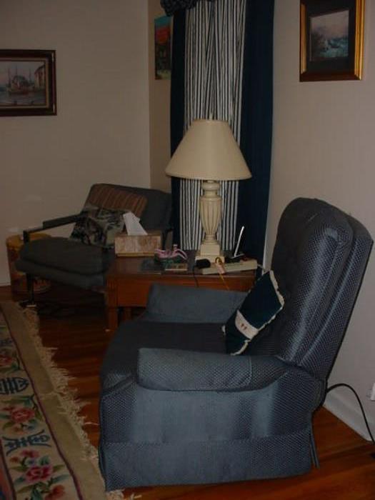 Lazy Boy recliners, chrome and fabric 1950's side chairs (pair)