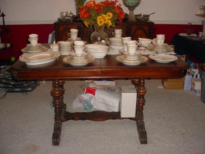 Large antique dining table, with vintage Noritake china