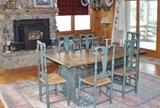 18th Century Shoe Foot Table old blue paint with scrubbed top.  8 American country Queen Anne Side chairs, 18th century