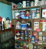 Old thermose, tins, counter jars