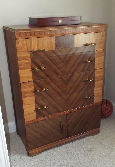 RARE FRENCH ART DECO CHEST ALA PIERRE CHAREAU INLAY OF VARIOUS EXOTIC WOODS WITH BAKELITE HANDLES