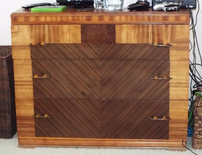 RARE FRENCH ART DECO SMALLER CHEST ALA PIERRE CHAREAU INLAY OF VARIOUS EXOTIC WOODS WITH BAKELITE HANDLES