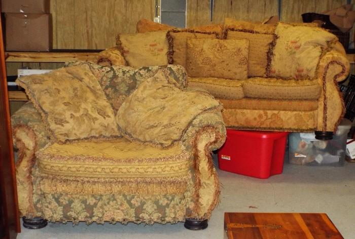 SOFA AND LARGE CHAIR IN BROCADE AND UNUSUAL HIGH DESIGN FRINGE AND BULLION TREATMENT