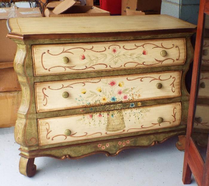 HANDPAINTED FRENCH BOMBE CHEST OF DRAWERS