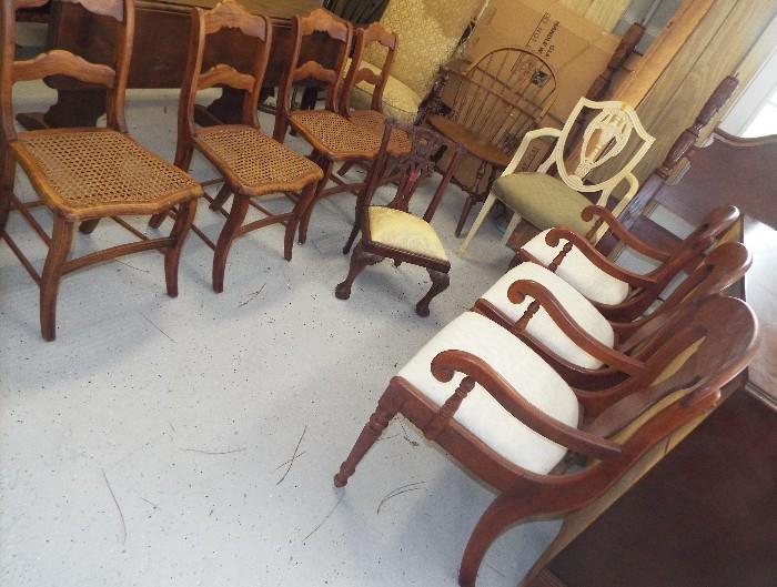 ASSORTED CHAIRS, ANTIQUE, NEWER, PAINTED AND MORE