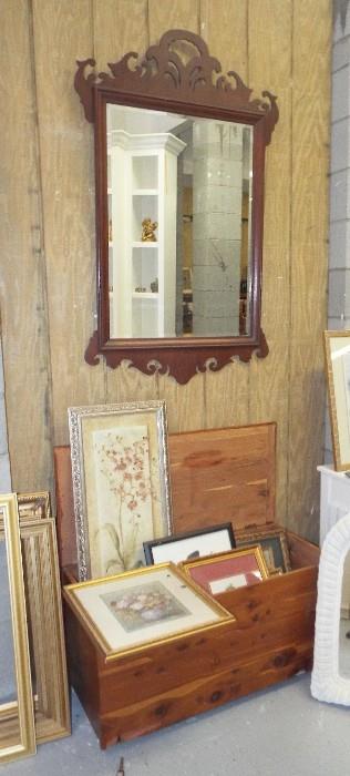 CHIPPENDALE MIRROR AND TRUNK FULL OF ARTWORK