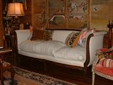 French sofa, beautiful Mahogany frame upholstered in Muslin, purchased in New York at auction.
Dog not for sale.