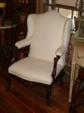Fine Mid 19th Century Open Arm Chair Upholstered in Muslin with Hoof Feet.