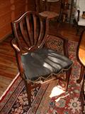 Six Shield Back Mahogany Dining Chairs, five sides, one arm. Most likely late 19th Century.