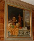 19th Century Oil on Canvas still life of fruit on a table with a sleeping cat.