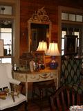 Early 19th Century Hand Carved French Guilt Wood Mirror, also featuring a painted one-drawer console along with a Chinese Lamp.