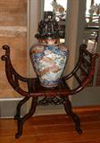 Two Hand Carved Chinese late 19th Century Benches. Also featuring two large 19th Century Imari Urns with large hand carved lids.