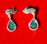 White gold Earrings with Diamonds and Pear Shaped Emerald Pendants.
