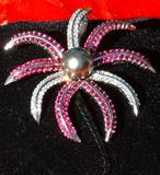 18K White Gold Brooch with Diamonds and Rubies with Pearl Center.