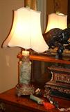 Green Quartz mounted lamp with a carved Jade handle and a Chinese carved handle with semi-precious stones.